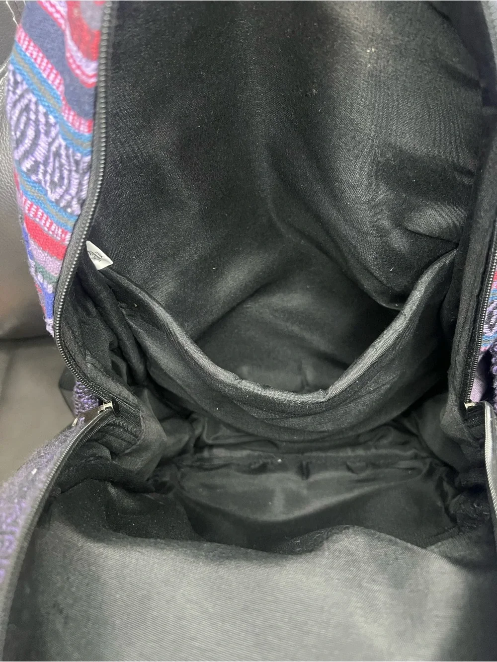 Multicolor Striped & Patchwork Backpack with Purple Front Pocket